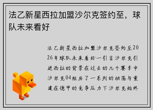 法乙新星西拉加盟沙尔克签约至，球队未来看好