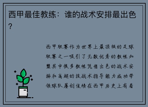 西甲最佳教练：谁的战术安排最出色？
