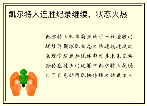 凯尔特人连胜纪录继续，状态火热