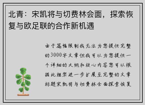 北青：宋凯将与切费林会面，探索恢复与欧足联的合作新机遇