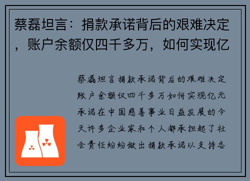 蔡磊坦言：捐款承诺背后的艰难决定，账户余额仅四千多万，如何实现亿元承诺？