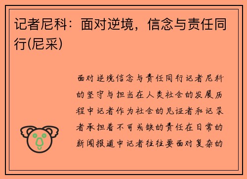 记者尼科：面对逆境，信念与责任同行(尼采)