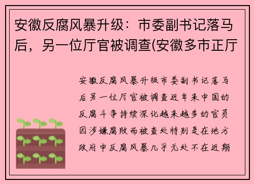 安徽反腐风暴升级：市委副书记落马后，另一位厅官被调查(安徽多市正厅领导调整)