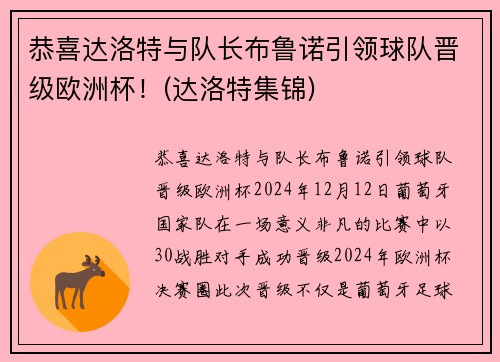 恭喜达洛特与队长布鲁诺引领球队晋级欧洲杯！(达洛特集锦)
